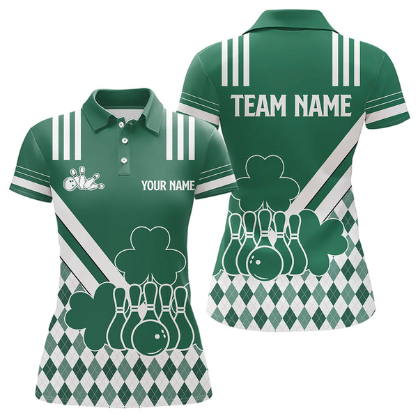 Green & White argyle pattern shamrock St Patrick's Day Women bowling shirts Custom Bowling Team Jersey NQS9383