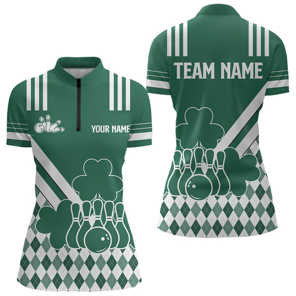 Green & White argyle pattern shamrock St Patrick's Day Women bowling shirts Custom Bowling Team Jersey NQS9383