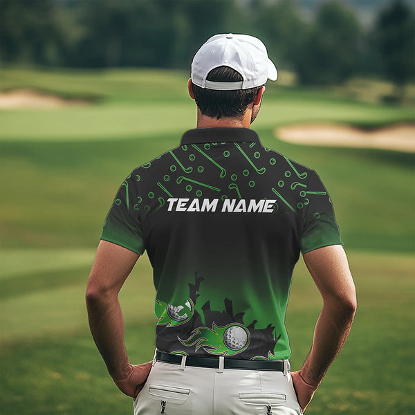 Black and Green Flame golf ball pattern Men golf polo shirts Custom team golf attire for men NQS9524