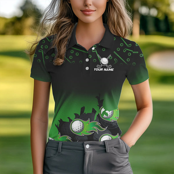 Black and Green Flame golf ball pattern Women golf polo shirts Customize team golf attire for women NQS9524
