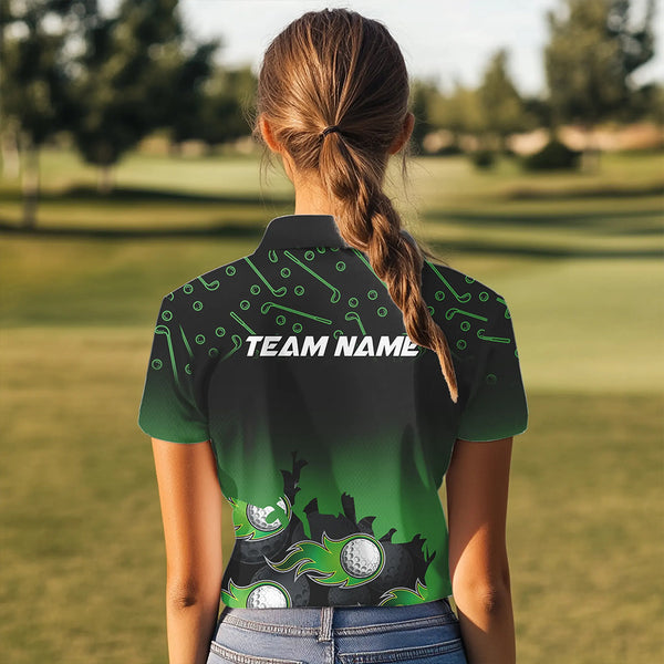Black and Green Flame golf ball pattern Women golf polo shirts Customize team golf attire for women NQS9524