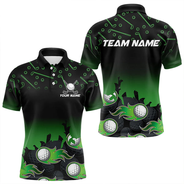 Black and Green Flame golf ball pattern Men golf polo shirts Custom team golf attire for men NQS9524