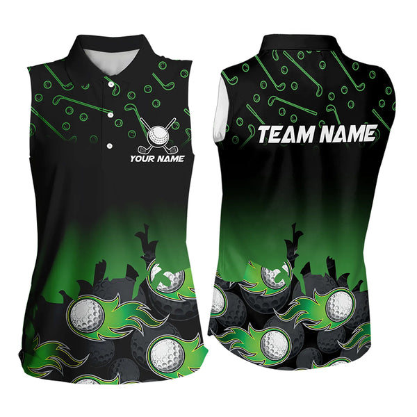 Black and Green Flame golf ball pattern Women sleeveless polo shirt Custom team golf attire for women NQS9524