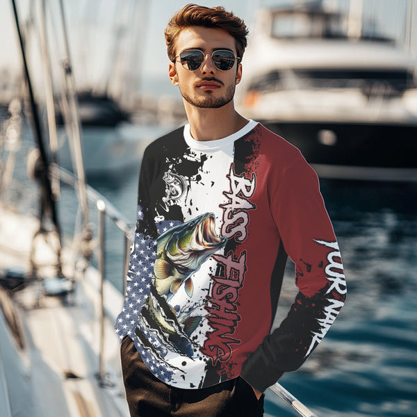 Red, white and blue Largemouth Bass fishing American Flag Custom patriotic Bass fishing shirts NQS9530
