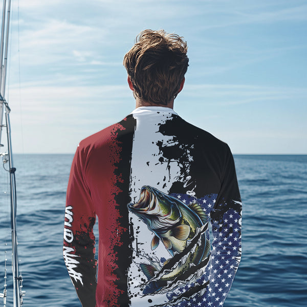 Red, white and blue Largemouth Bass fishing American Flag Custom patriotic Bass fishing shirts NQS9530