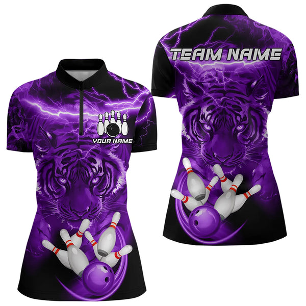 Personalized Purple Lightning Thunder Storm Tiger Bowling Shirts For Women Custom Bowling Team Jerseys NQS9684