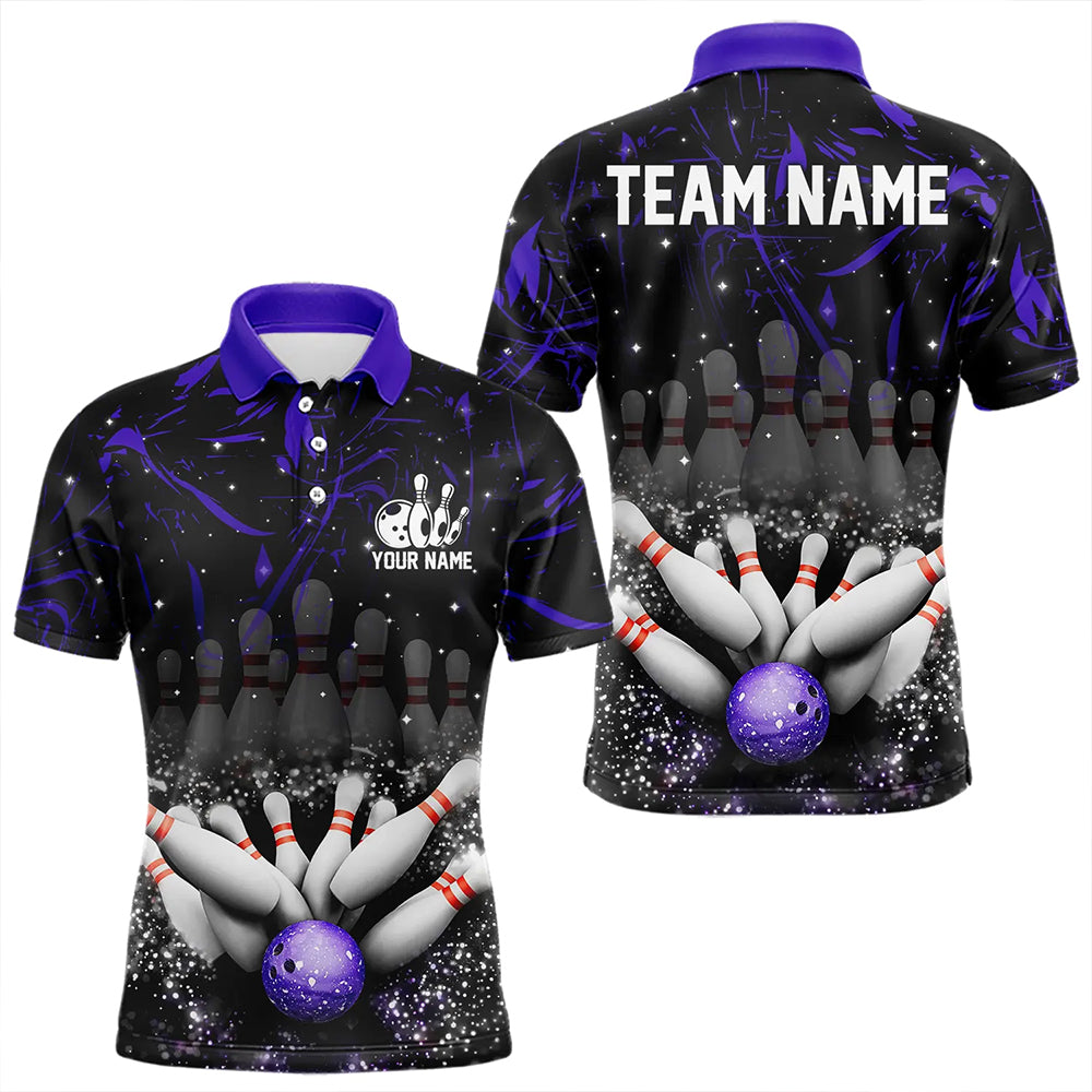 Personalized Black and Purple Camo Bowling Polo, Quarter Zip Shirts For Men Custom Bowling Team Jersey NQS9687
