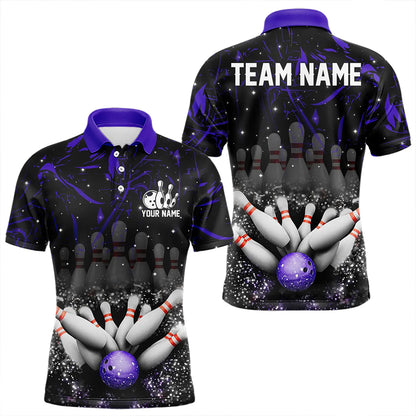Personalized Black and Purple Camo Bowling Polo, Quarter Zip Shirts For Men Custom Bowling Team Jersey NQS9687