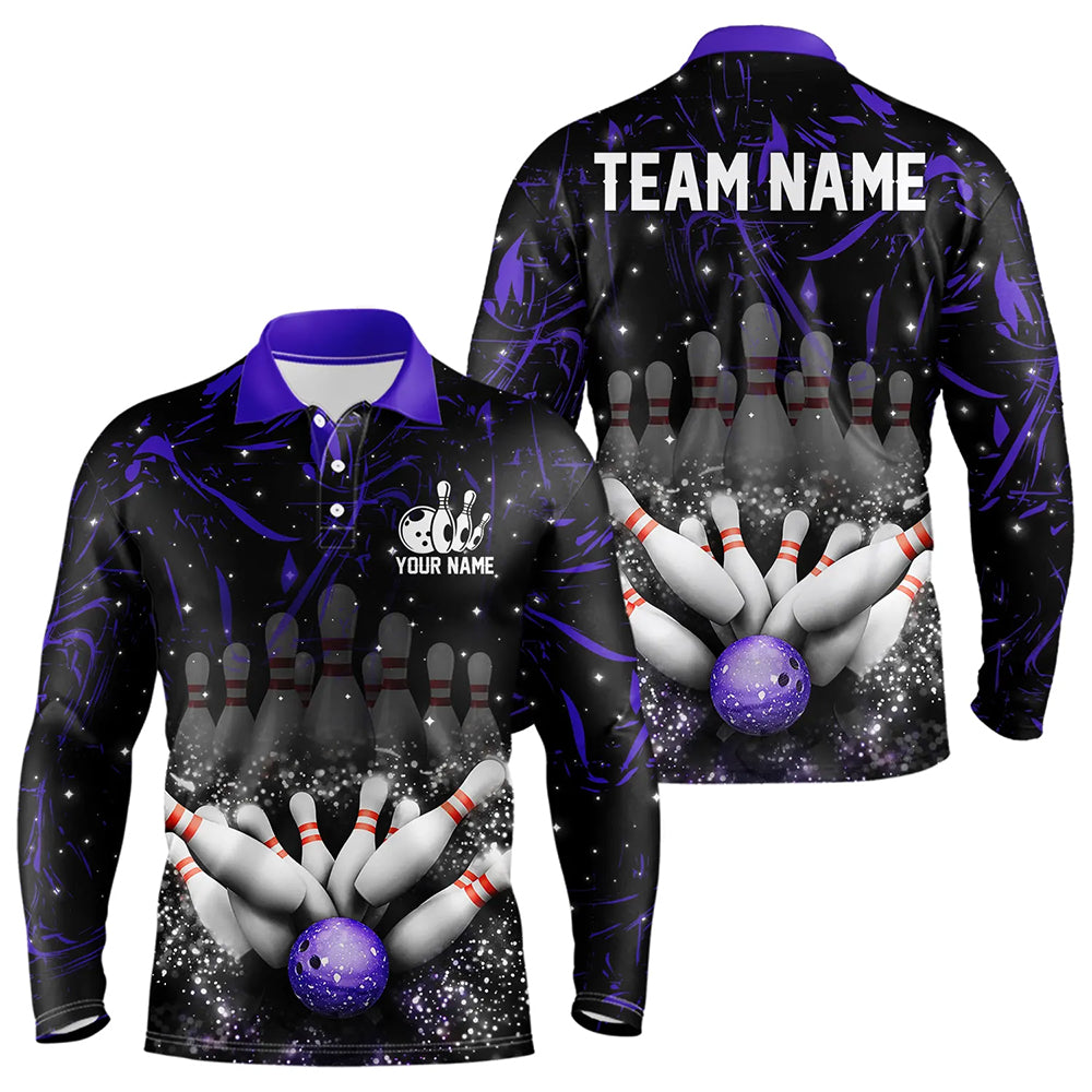 Personalized Black and Purple Camo Bowling Polo, Quarter Zip Shirts For Men Custom Bowling Team Jersey NQS9687
