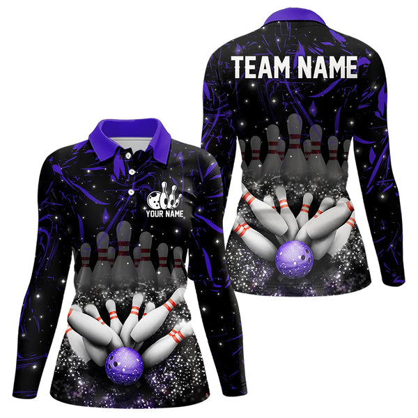 Personalized Black & Purple Camo Bowling Polo, Quarter Zip Shirt For Women Custom Bowling Team Jersey NQS9687