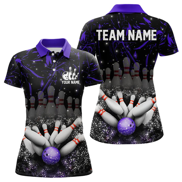 Personalized Black & Purple Camo Bowling Polo, Quarter Zip Shirt For Women Custom Bowling Team Jersey NQS9687