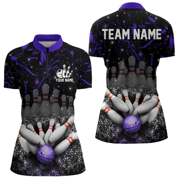 Personalized Black & Purple Camo Bowling Polo, Quarter Zip Shirt For Women Custom Bowling Team Jersey NQS9687