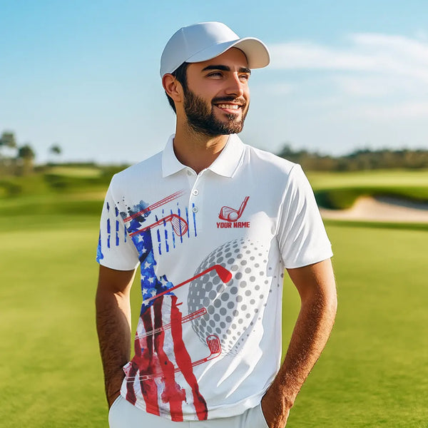 Red, White and Blue American Flag Golf Polo Shirts For Men Custom Patriotic Golf Shirts Golfer Outfit NQS9690