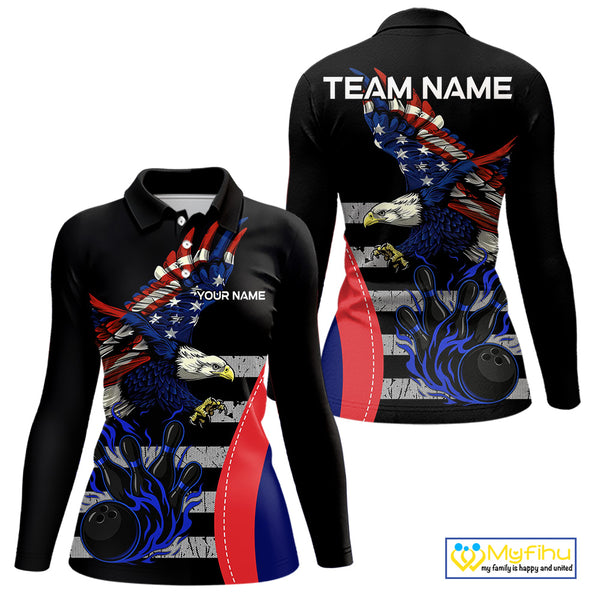 Eagle American Flag Custom Flame Bowling Team Shirts For Women, Patriotic Bowling Uniform NQS9971