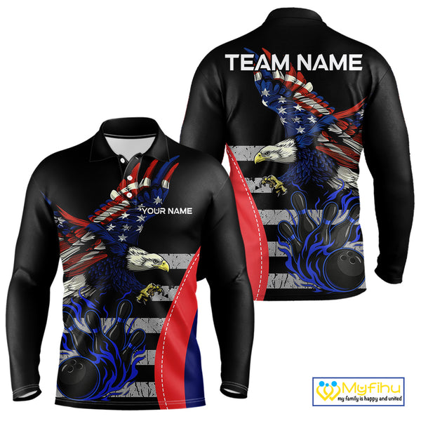 Eagle American Flag Custom Flame Bowling Team Shirts For Men, Patriotic Bowling Uniform NQS9971
