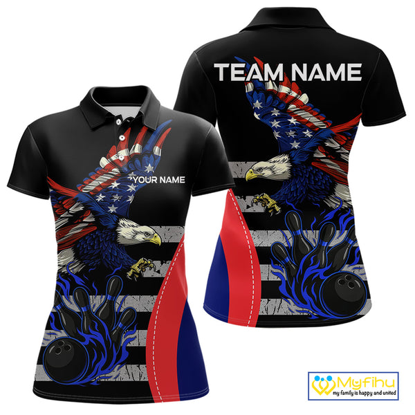 Eagle American Flag Custom Flame Bowling Team Shirts For Women, Patriotic Bowling Uniform NQS9971