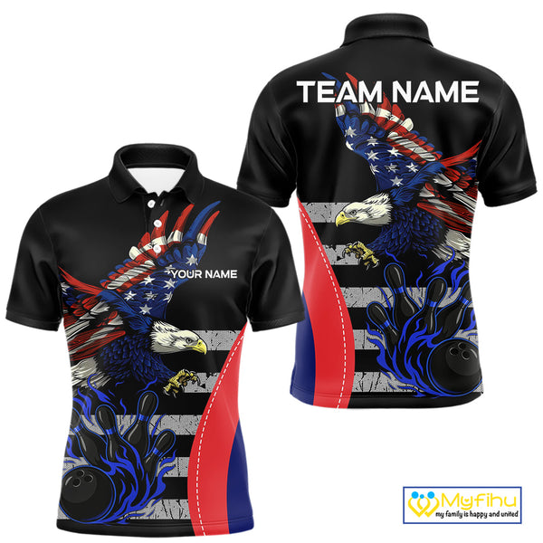 Eagle American Flag Custom Flame Bowling Team Shirts For Men, Patriotic Bowling Uniform NQS9971