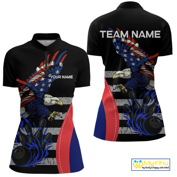 Eagle American Flag Custom Flame Bowling Team Shirts For Women, Patriotic Bowling Uniform NQS9971