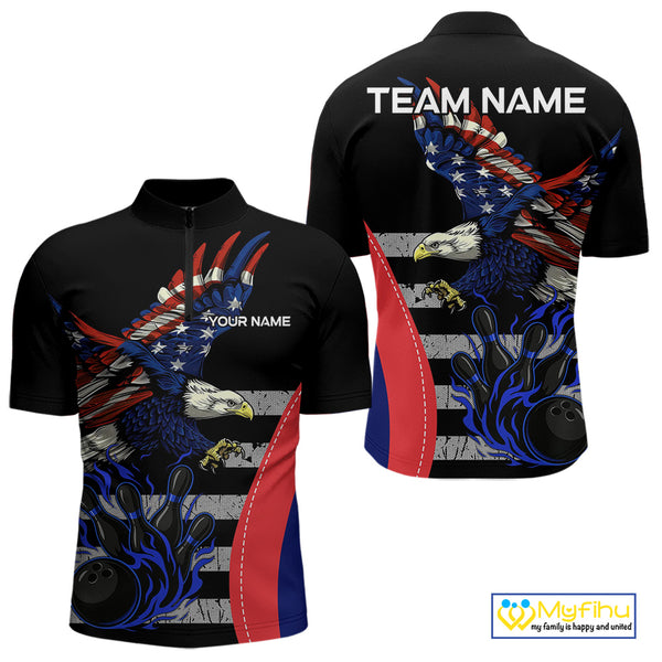 Eagle American Flag Custom Flame Bowling Team Shirts For Men, Patriotic Bowling Uniform NQS9971