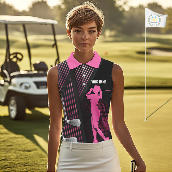 Black and pink Women Sleeveless polo shirt custom golf clubs team golf shirts, golf tops for ladies NQS10117