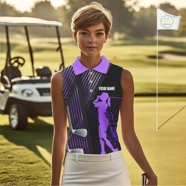 Black and purple Women Sleeveless polo shirt custom golf clubs team golf shirts, golf tops for ladies NQS10118
