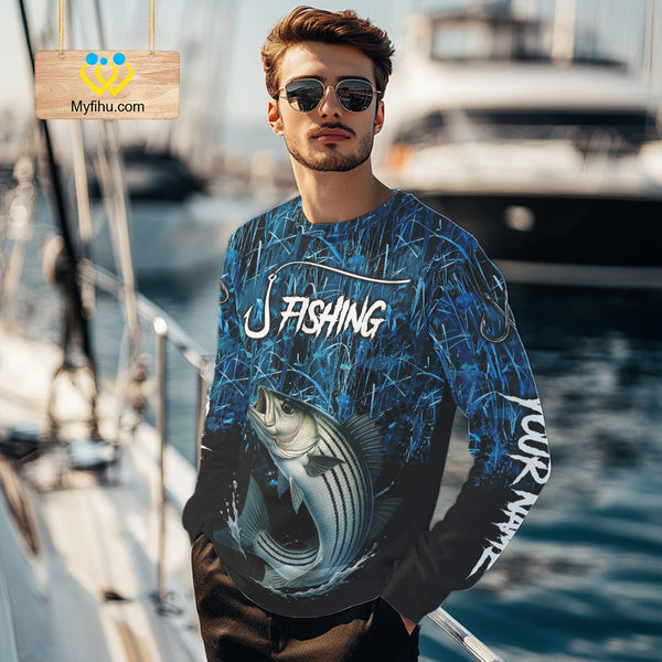 Striped Bass Fishing blue camo Custom UV protection Striper long sleeves fishing shirts NQS10122