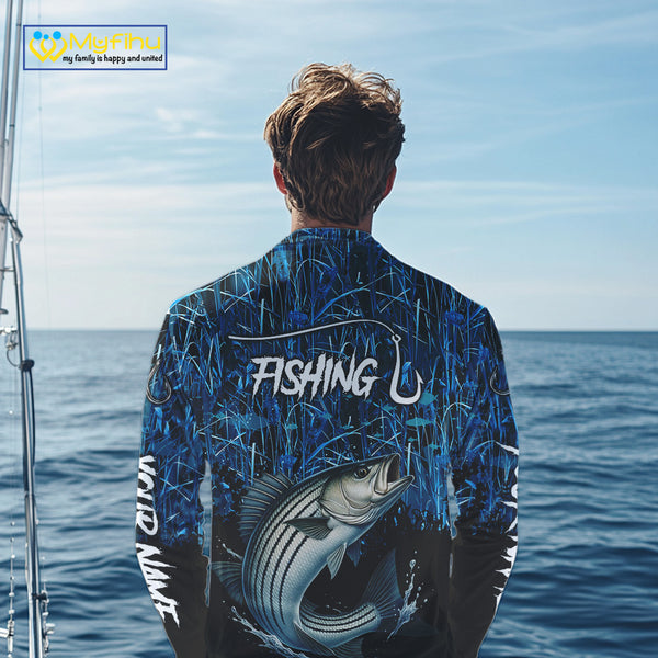 Striped Bass Fishing blue camo Custom UV protection Striper long sleeves fishing shirts NQS10122