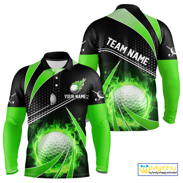 Black and Green Fire golf ball custom Men golf polo shirts, personalized golf outfits for team men NQS10123