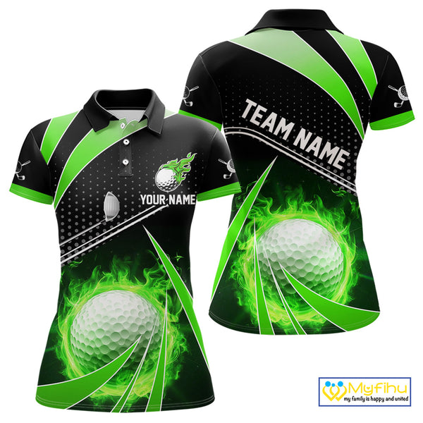 Black and Green Fire golf ball custom Women golf polo shirt, personalized ladies golf outfit for team NQS10123