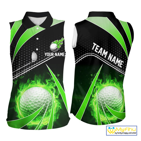 Black and Green Fire golf ball custom Women sleeveless polo shirt, personalized golf outfits for team NQS10123