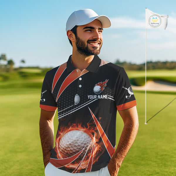 Black and Orange Fire golf ball custom Men golf polo shirts, personalized golf outfits for team men NQS10124