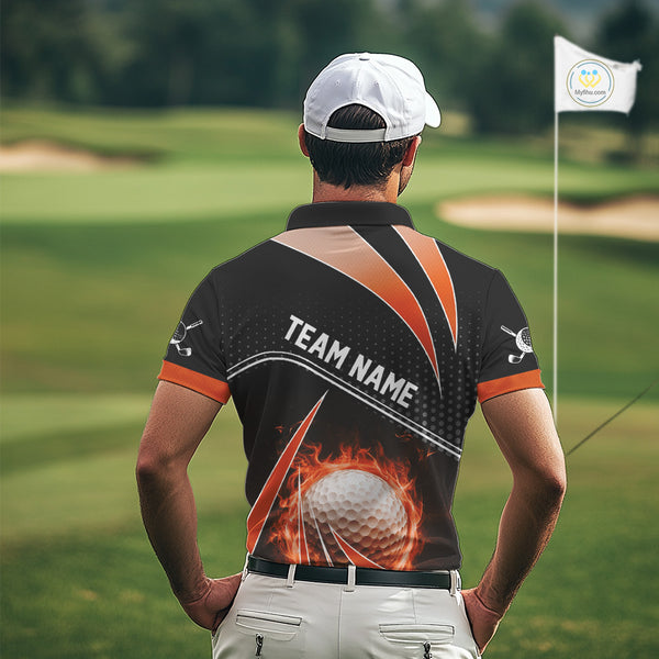 Black and Orange Fire golf ball custom Men golf polo shirts, personalized golf outfits for team men NQS10124