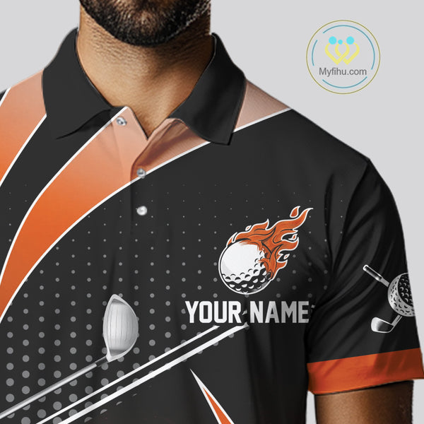 Black and Orange Fire golf ball custom Men golf polo shirts, personalized golf outfits for team men NQS10124