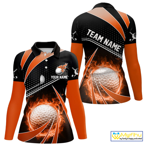Black & Orange Fire golf ball custom Women golf polo shirt, personalized ladies golf outfit for team NQS10124