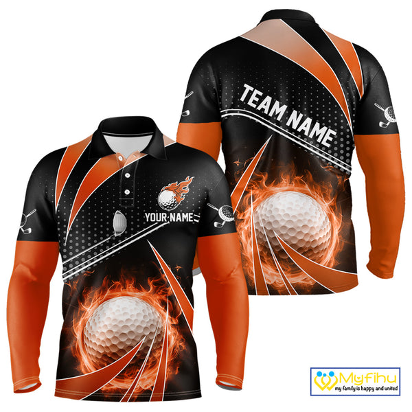 Black and Orange Fire golf ball custom Men golf polo shirts, personalized golf outfits for team men NQS10124