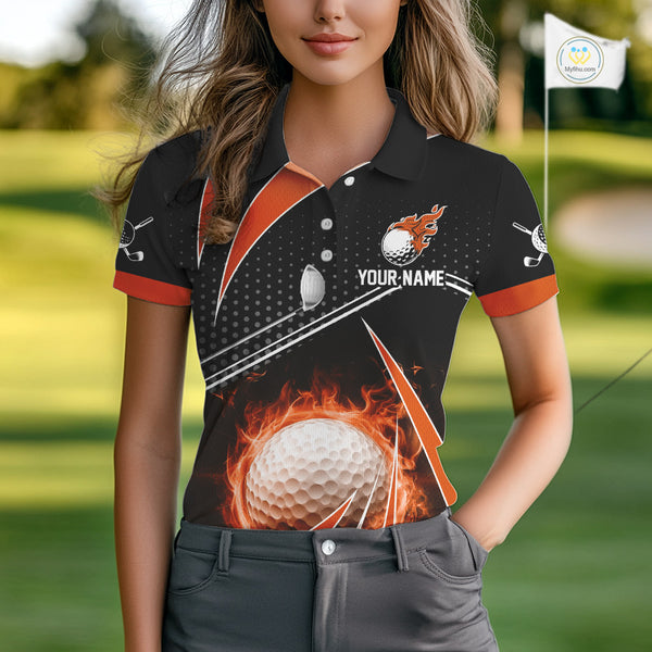Black & Orange Fire golf ball custom Women golf polo shirt, personalized ladies golf outfit for team NQS10124