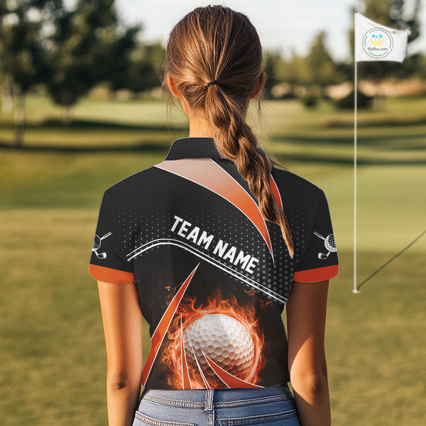 Black & Orange Fire golf ball custom Women golf polo shirt, personalized ladies golf outfit for team NQS10124