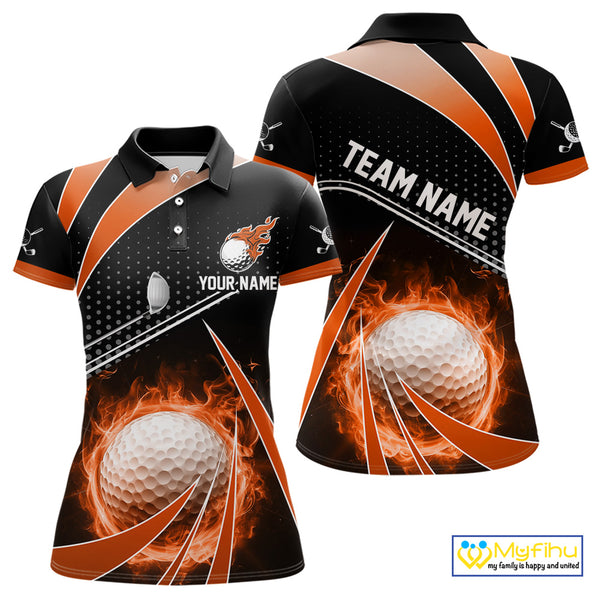 Black & Orange Fire golf ball custom Women golf polo shirt, personalized ladies golf outfit for team NQS10124