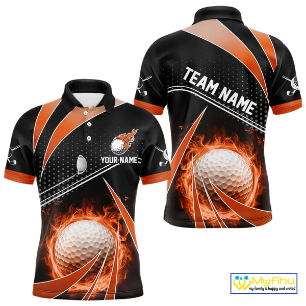 Black and Orange Fire golf ball custom Men golf polo shirts, personalized golf outfits for team men NQS10124