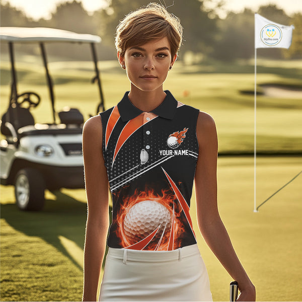 Black and Orange Fire golf ball custom Women sleeveless polo shirt, personalized golf outfit for team NQS10124