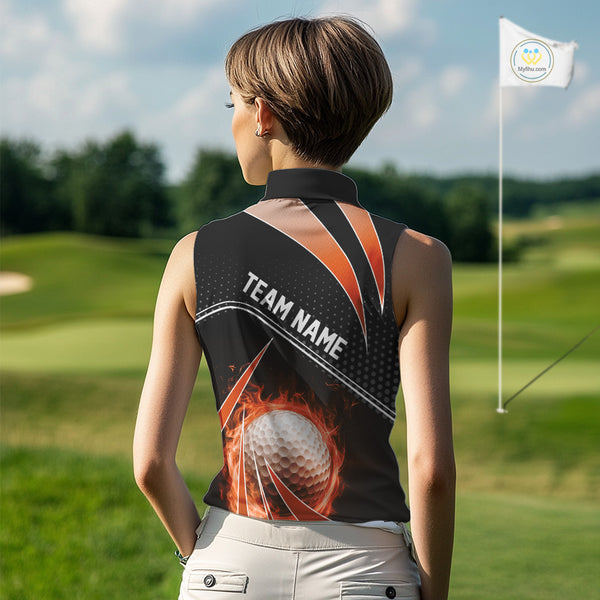Black and Orange Fire golf ball custom Women sleeveless polo shirt, personalized golf outfit for team NQS10124