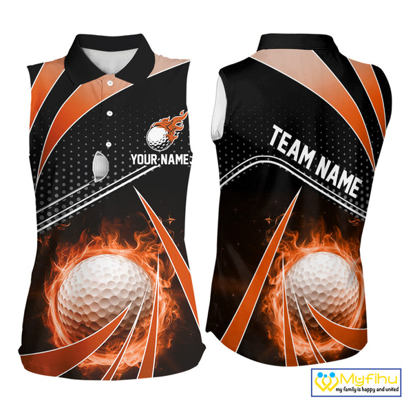 Black and Orange Fire golf ball custom Women sleeveless polo shirt, personalized golf outfit for team NQS10124