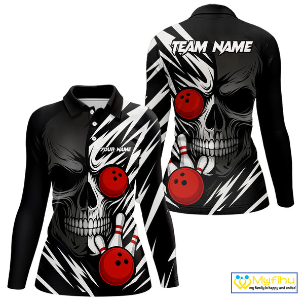 Black and White Skull Bowling Polo, Quarter Zip shirts for Women Custom Skull Team Bowling Jerseys NQS10261