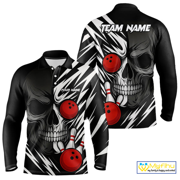 Black and White Skull Bowling Polo, Quarter Zip shirts for Men Custom Skull Team Bowling Jerseys NQS10261
