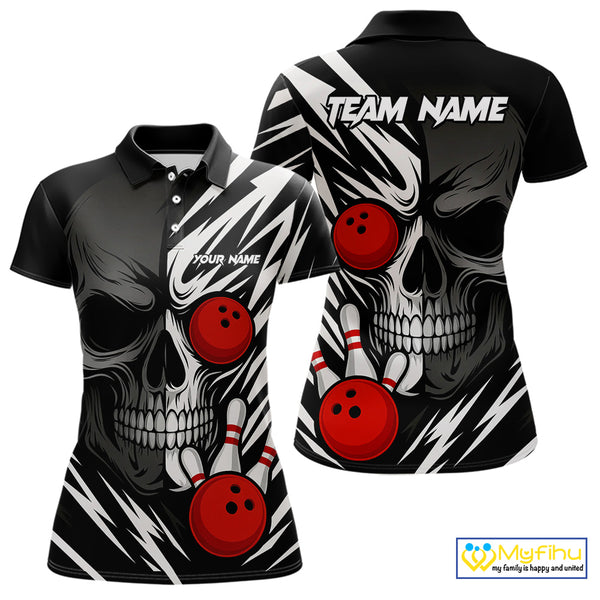 Black and White Skull Bowling Polo, Quarter Zip shirts for Women Custom Skull Team Bowling Jerseys NQS10261