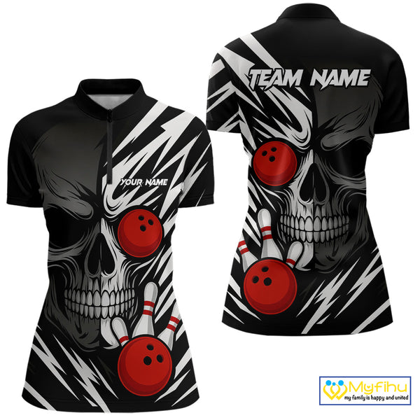 Black and White Skull Bowling Polo, Quarter Zip shirts for Women Custom Skull Team Bowling Jerseys NQS10261