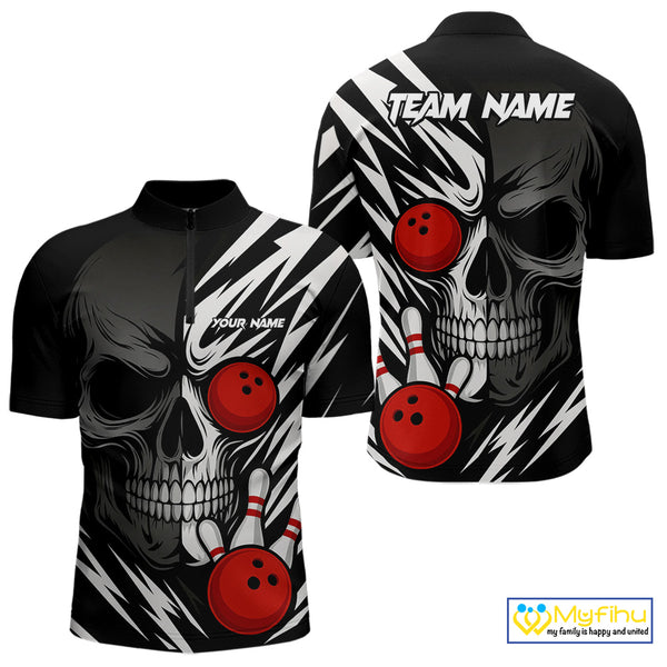 Black and White Skull Bowling Polo, Quarter Zip shirts for Men Custom Skull Team Bowling Jerseys NQS10261