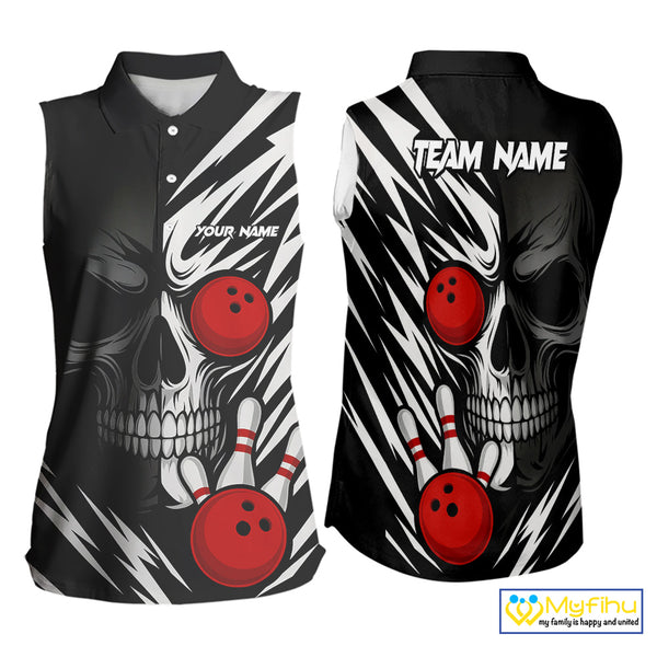 Black and White Skull Bowling Sleeveless Polo shirt Custom Skull Team Bowling Jerseys NQS10261