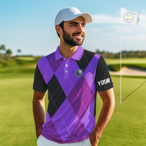 Mens golf polos shirts custom purple and black golf argyle plaid pattern, personalized golf gifts NQS10653