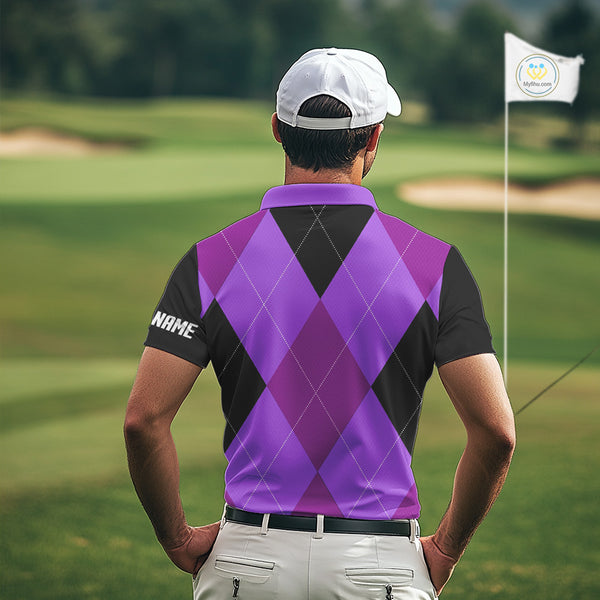 Mens golf polos shirts custom purple and black golf argyle plaid pattern, personalized golf gifts NQS10653